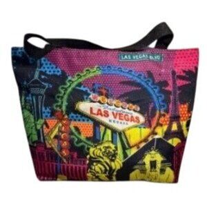 LAS VEGAS THEMED MULTICOLOR TOTE BAG WITH ZIPPER CLOSURE & BLACK STRAPS